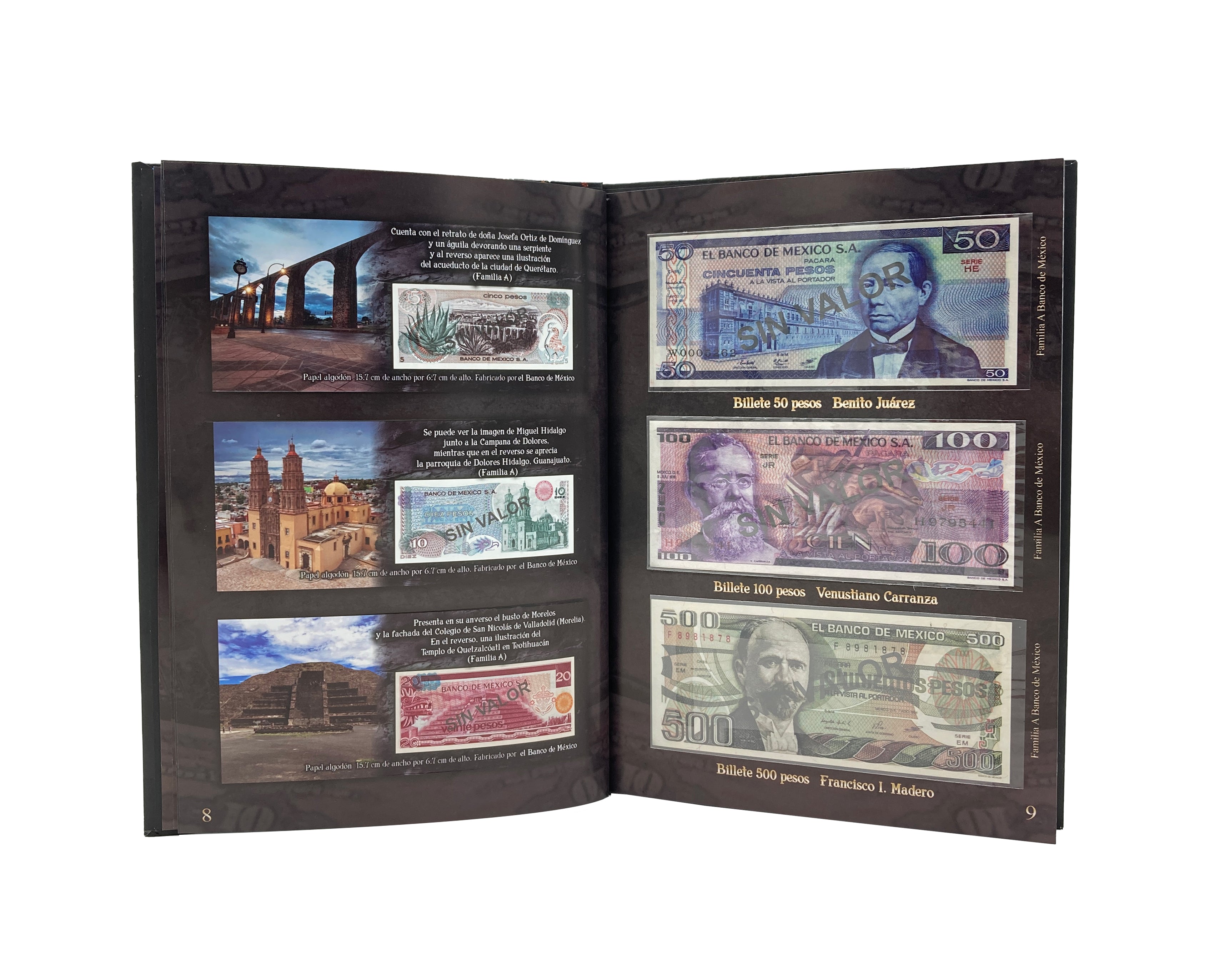 Álbum coleccionador de billetes mexicanos con 32 espacios, información histórica e impresión de alta calidad. Portada con diseño de la Piedra del Sol y acabado profesional. Ideal para coleccionistas. Álbum coleccionador de billetes mexicanos con 32 espacios, información histórica e impresión de alta calidad. Portada con diseño de la Piedra del Sol y acabado profesional. Ideal para coleccionistas.